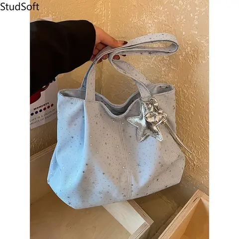 Light Blue Tote Bag Star Print Nylon Shoulder Purse Cute Casual Hobo Handbag with Silver Star Charm Korean Ins School Travel,sohochic