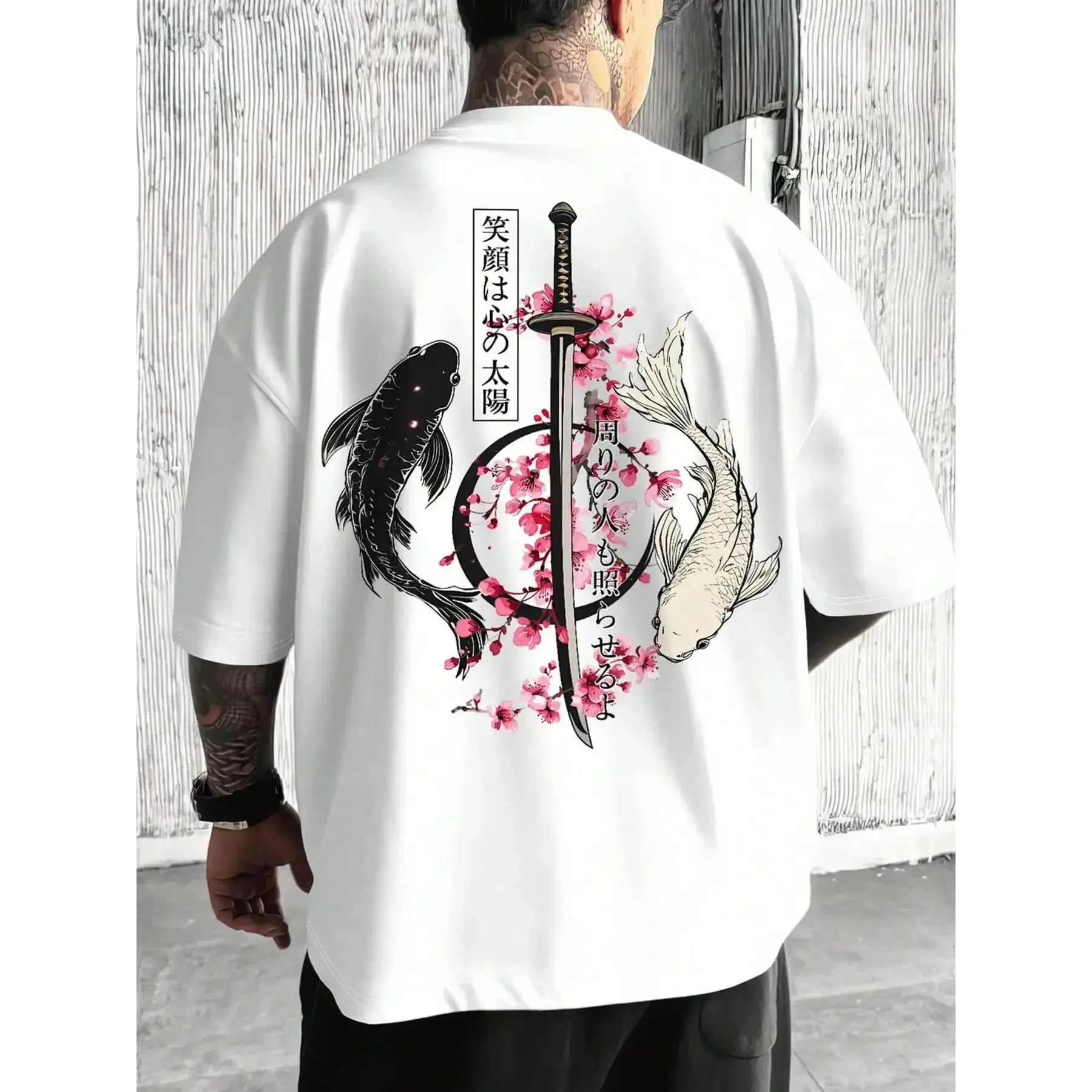 Men's Classic Oversize Round Neck Cotton Short-Sleeve T-Shirt - Samurai Sword & Cherry Blossom Graphic Print, Loose-Fit Casual Streetwear Clothing for Daily Outdoor, Chinese New Year Fashion Top, Shortsleeve, Oversized, Fashion Apparel, Baggy, Casual Fit,