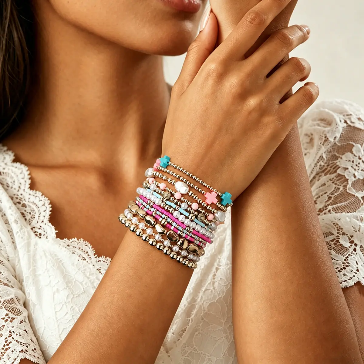 Women's 13-Piece Layered Bracelet Set with Cross Motif, Elastic CCB Beaded and Faux Pearl Accents, Colorful Costume Jewelry for Daily Wear, All-Season