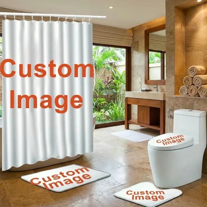4-Piece Personalized Polyester Bathroom Set - 4-Piece Shower Curtain Set with Resistant Mat, Base, Toilet Cover, Easy Installation for Bathroom Decoration