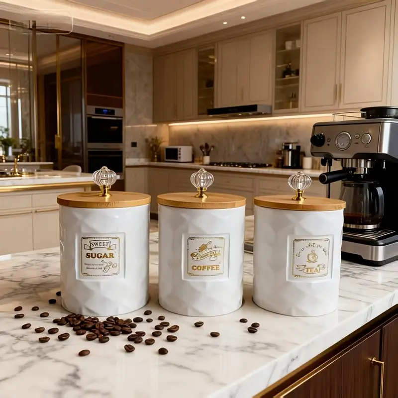 3PCS Fashion Crown Ceramic Sealed Canister Set Kitchen Storage Containers Airtight Moisture Proof Tea Coffee Sugar Jar Home Organizer