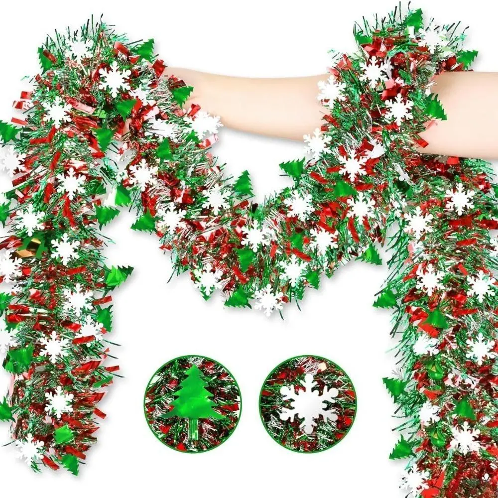 2M New Christmas Tinsel Garland with White Snowflake Design, Shiny Xmas Foil Streamers, Flexible Festive Ribbon Ornament, Ideal Decor For Christmas Tree Wrapping & Holiday Party Scene Layout, Classical Glam, Flexible Wrap, Holiday Events, Reflective Foil,