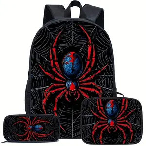 Elementary School Student Red Spider Print Pattern Backpack, Cool Trendy Backpack, Student Large-Capacity Schoolbag, Bag