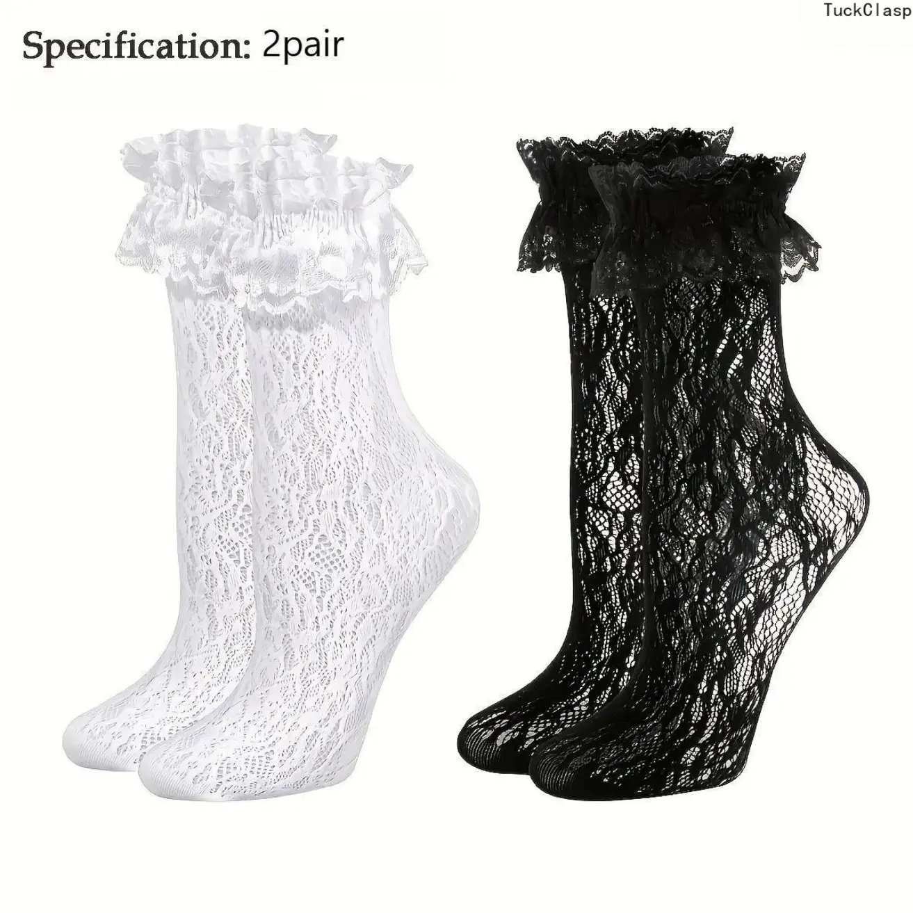 Women’s 2-Pair Y2K Lace Crew Socks, Black & White Coquette Frilly Design, Breathable Lightweight Aesthetic Socks, Knee-High & Slouch Style, Casual Spring & Summer Daily Wear, Balletcore Outfit Accessories