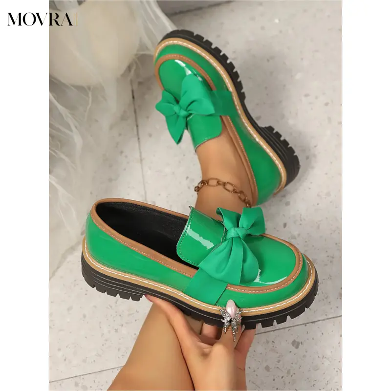 MOVRA1 Women's Slip-On Big Bow Platform Flats - Glossy Lug Sole, Textile & PU, Comfort Height Increase, All Season, Party Wear, Daily Outing Dress Shoes, Height Boosters