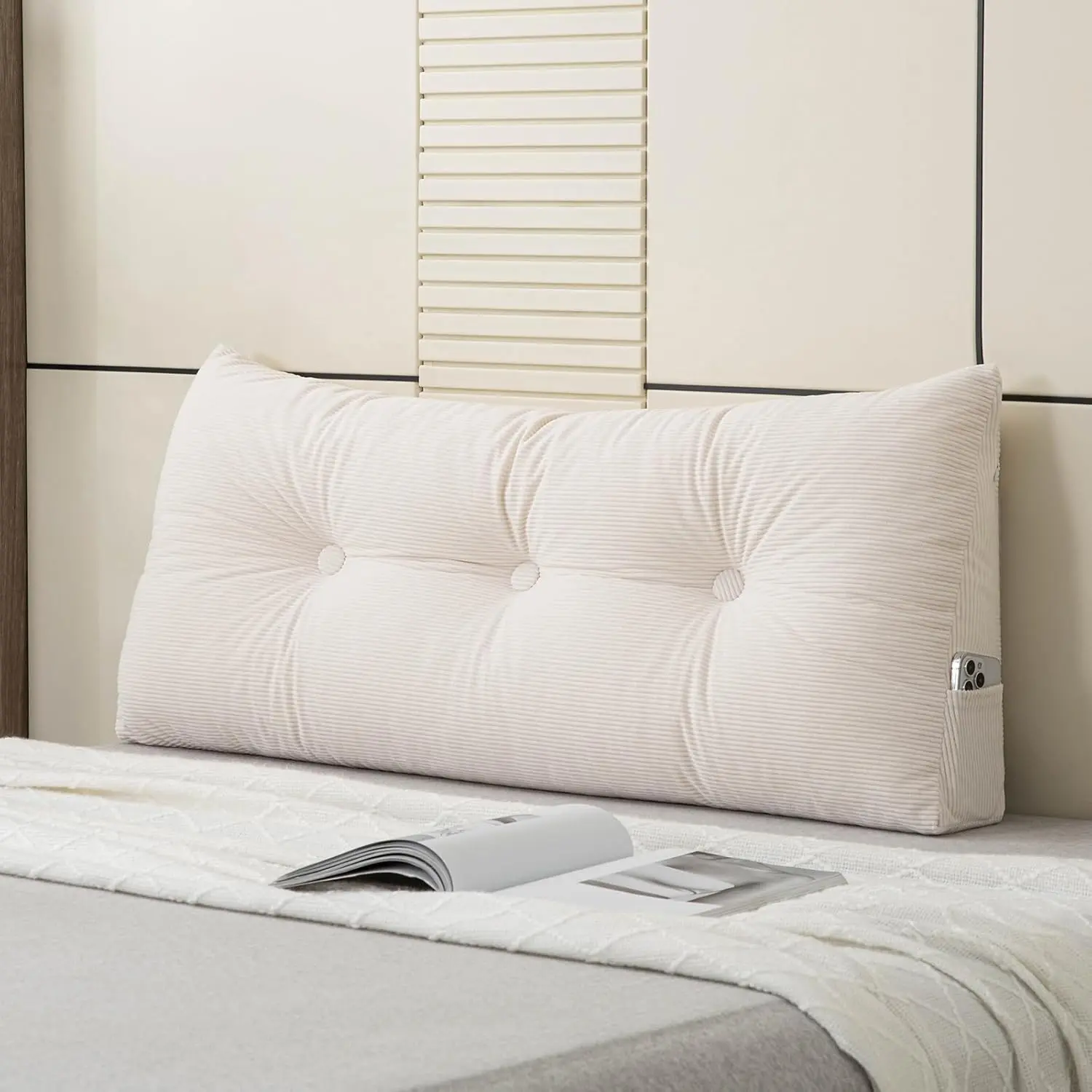 Twin XL Long Headboard Wedge Pillow with Side Pocket White Back Bolster Reading Pillow for Mattress Gap Filler for Bedroom Sofa Daybed Dorm