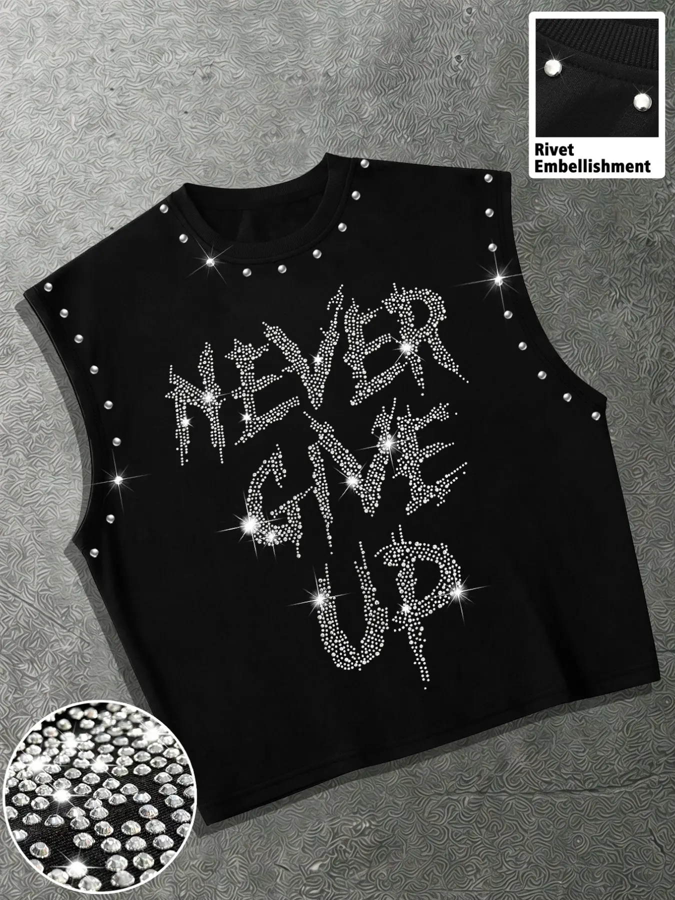 Summer Casual Graphic Letter Rhinestone Sleeveless Vest, Rivet Decor Street Style Round Neck Top, Gym Fitness & Daily Wear, Fashion Trendy & Comfortable