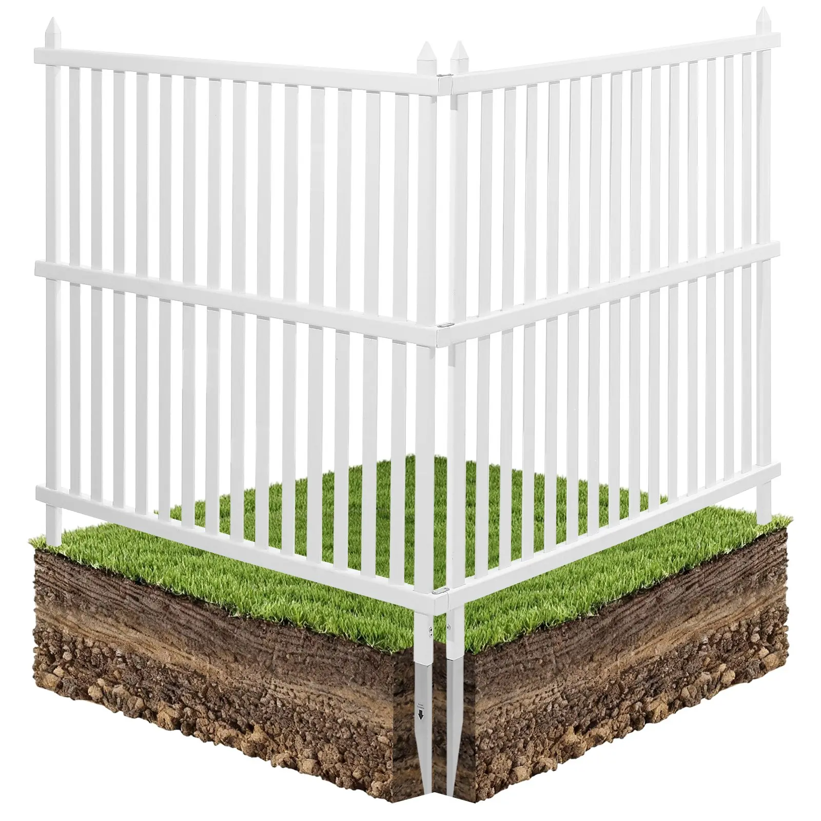 VEVOR 2-Panel PVC Privacy Fence with Stakes, 48x48 inch Water Resistant Outdoor Screen, 19.7 in Ground Stakes, Pool Equipment Enclosure, Strip Vinyl Fence for Soft Soil, White, Backyard