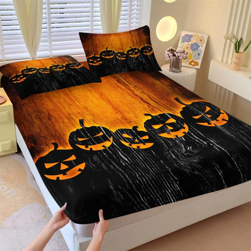 3Pcs Spooky Halloween Jack-O-Lantern Print Fitted Sheet Set, Soft Bed Sheets Set with Scary Pumpkin Patterns for Holiday Home Decor, Luxury Bedding Set for Bedroom No Fillers