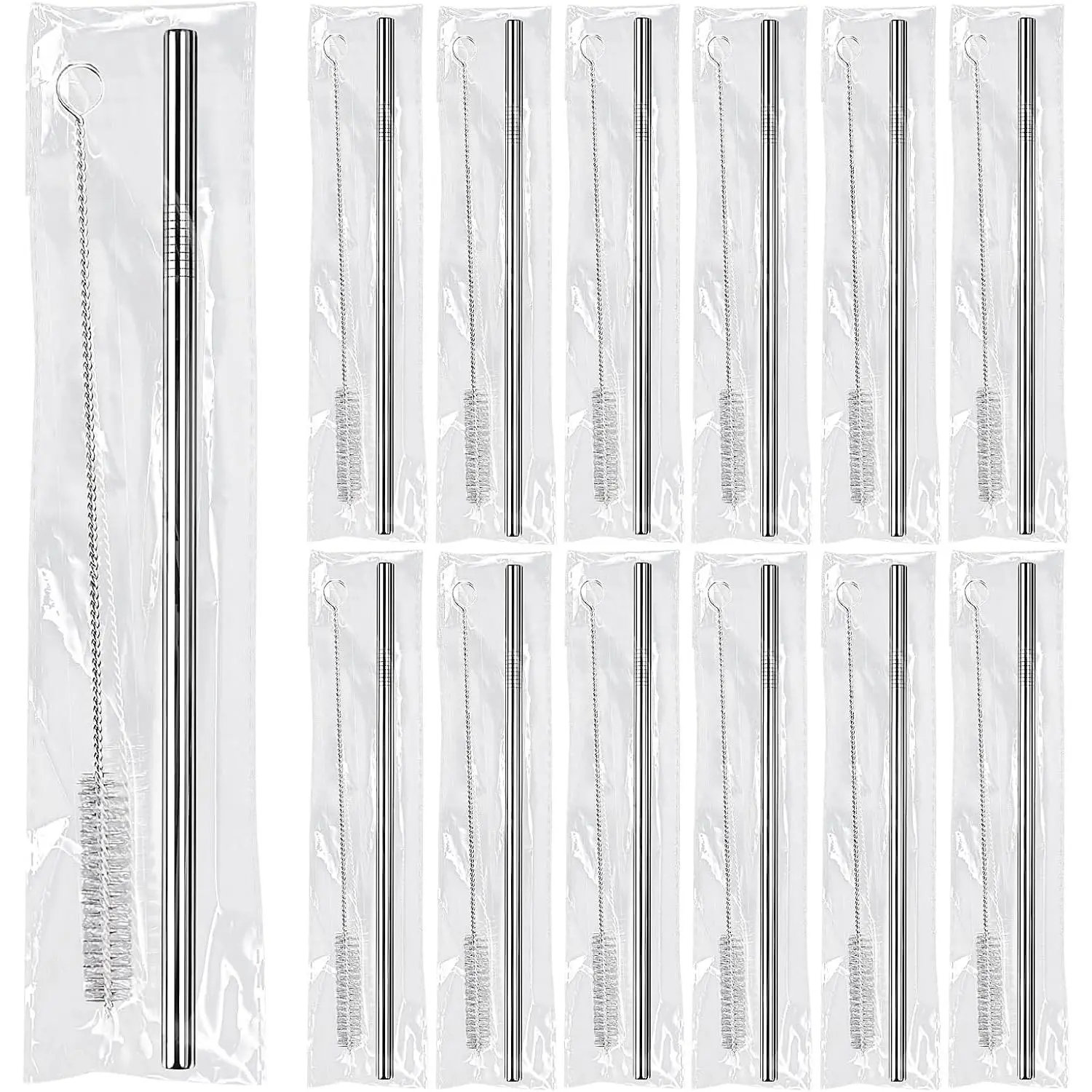 16 Pack 8.5 Inch  Stainless Steel Straws Individually Wrapped,16 Straight Metal Straws with 16 Cleaning Brushes, Metal Straw for 20 oz Tumblers,Cold Drinking Stainless Steel Straw