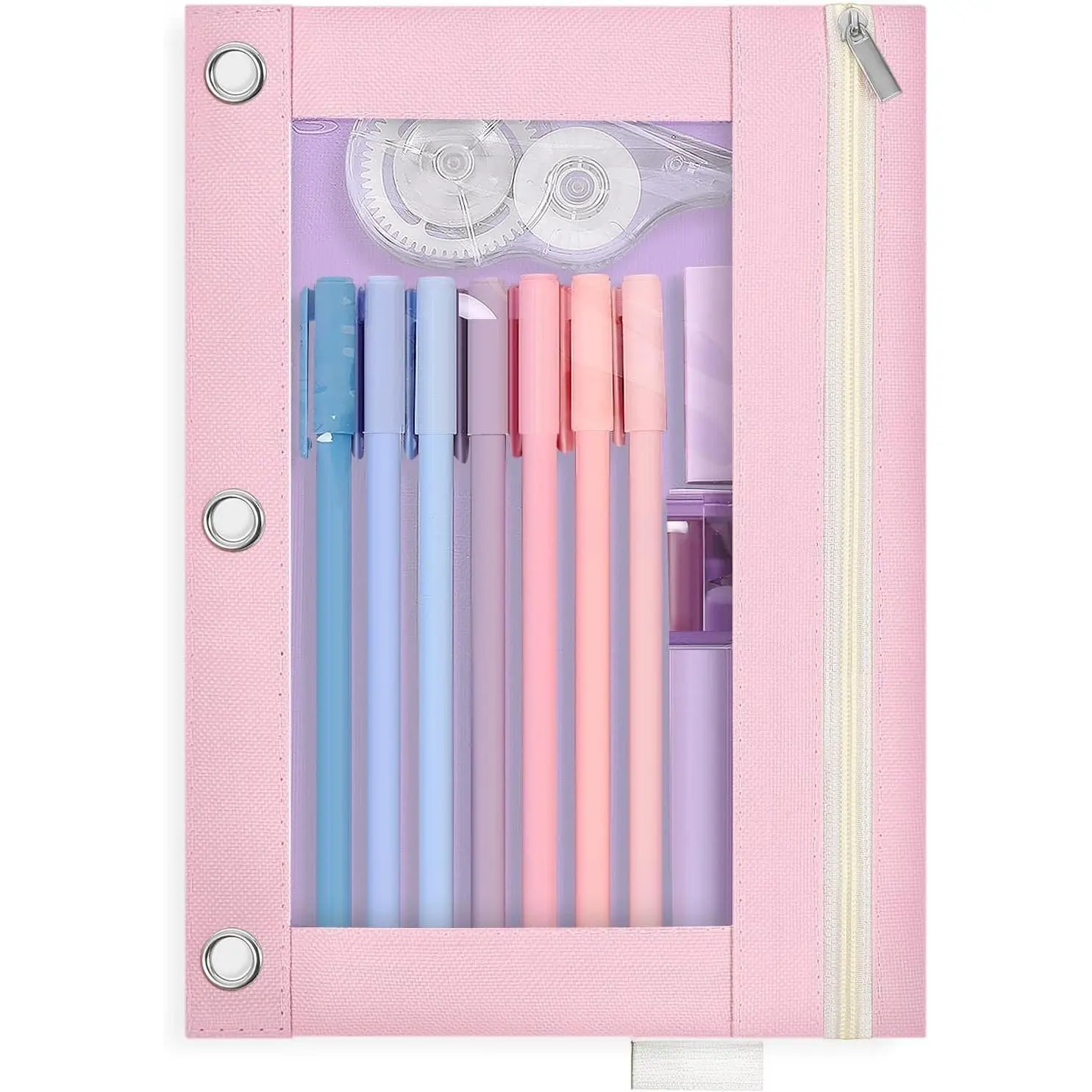 Pencil Pouch for 3 Ring Binder, Zipper Pencil Pouches for Girls Boys, Clear Window Pencil Bag, 3 Ring Pencil Pouch Case for Binder, Durable Organizer for School Supplies