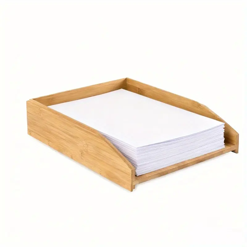 Bamboo Stackable File Box with Multiple Compartments - Large Capacity Vertical/Horizontal Document Organizer for Office, Paper Records Storage Shelf - Bamboo Desk File Folder Holder