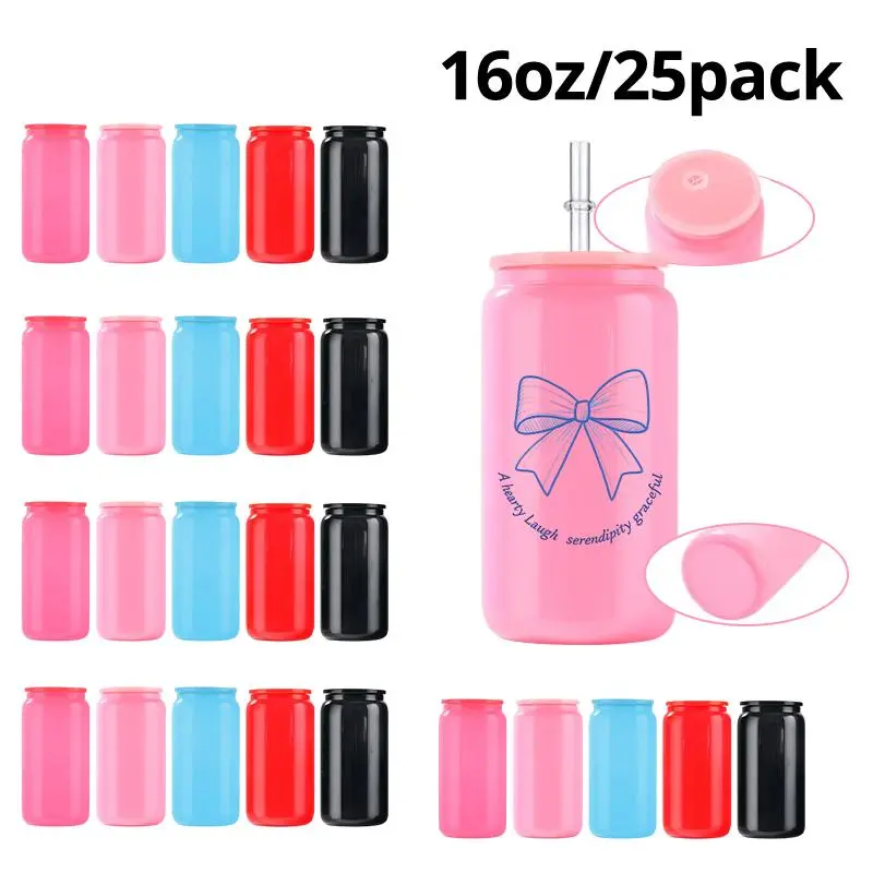 25pcs 16oz Sublimation Colored Glass Tumblers with PP Lids, Plastic Straws, Reusable Insulated Sublimation Tumbler Drinkware, Suitable for Custom Gift, Home, Office Gifting