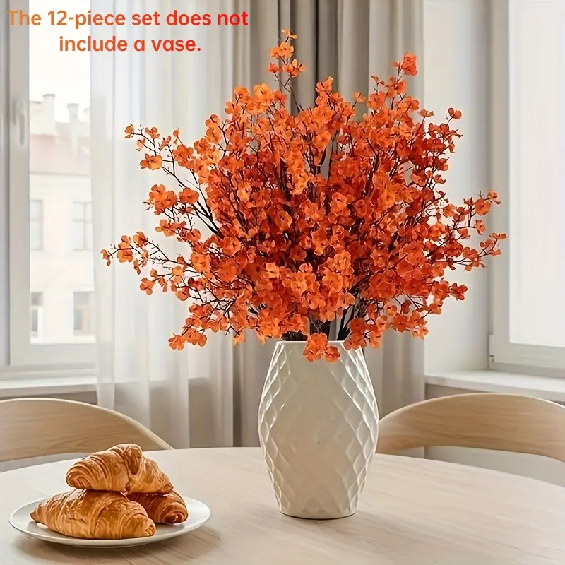 12pcs Autumn Orange Artificial Flower Bouquets Vibrant Fabric Flowers Decorative Bouquets for Home Kitchen Decor Table Centerpieces Bedroom Festival Weddings Halloween Christmas No Vase