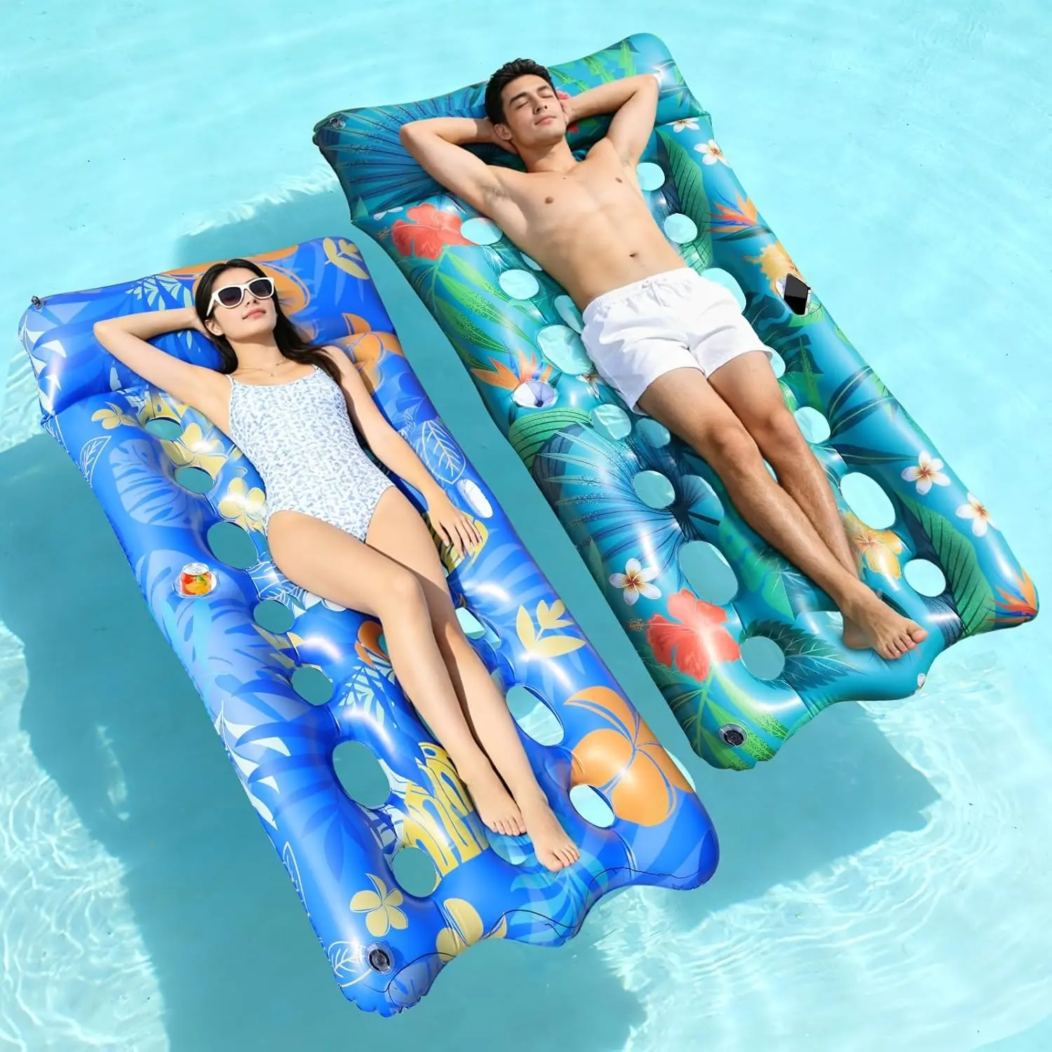 Pool Floats Lounger, 2 PCS 72''x35'' Ultra-Comfort Pool Rafts for Adults with Cooling Headrest and Cup Holders, Pool Floaties Raft Mat for Sun Tanning Swimming Beach Outdoor Pool Lake PartyGift.