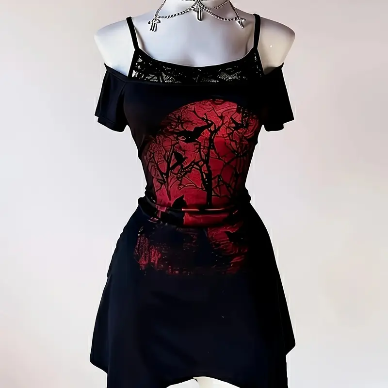 Dark Gothic Style Aesthetic Off-Shoulder Halter Dress, Raven Print Lace Skirt, Gothic Girl Slim Fit Waistcoat Dress, Silhouette, Embrace The Dark Side