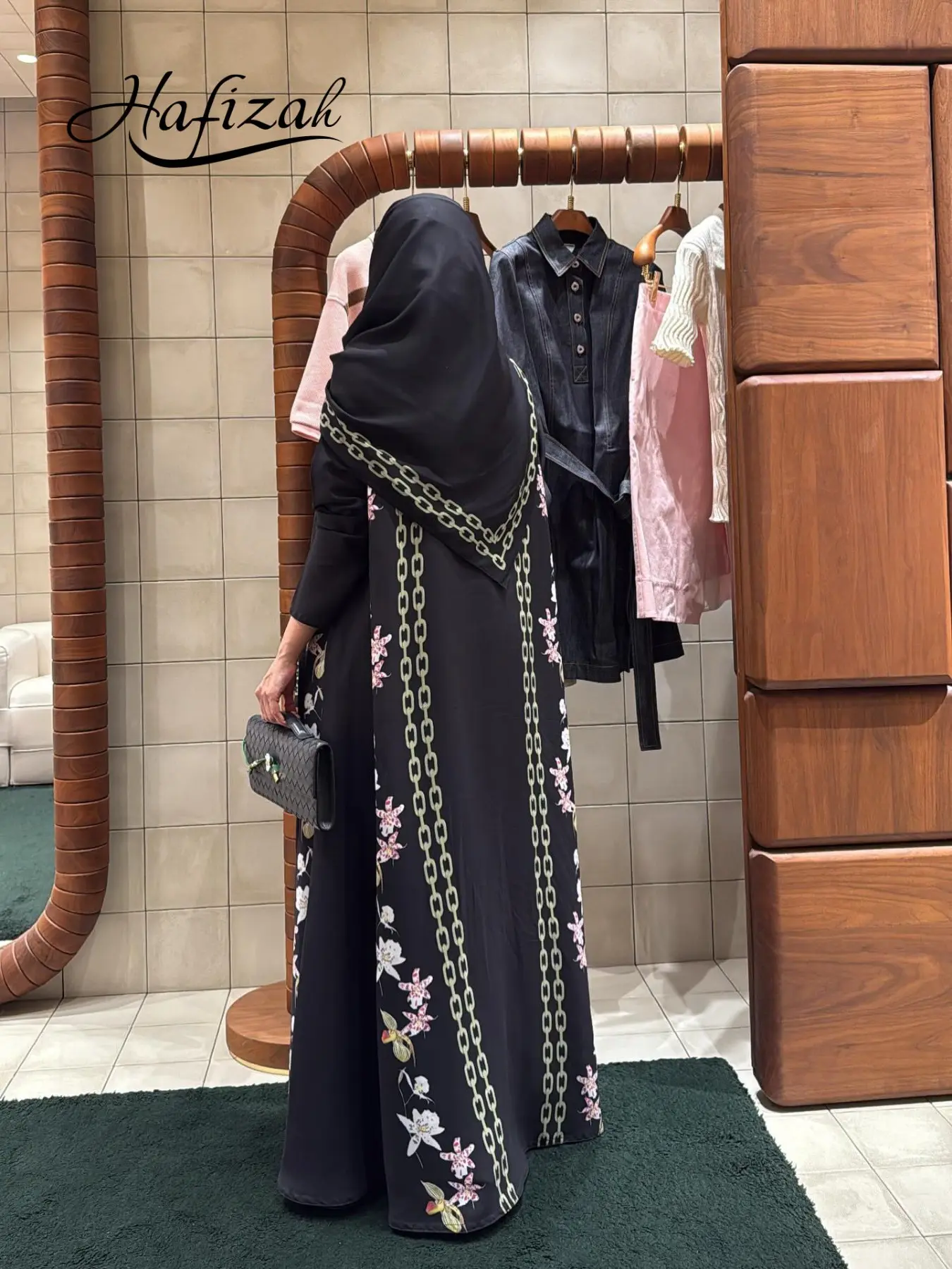 Hafizah Women's Floral Chain Print Abaya, Long Sleeve Loose Fit Muslim Dress, Suitable for Dubai, Ramadan, Eid Al Fitr