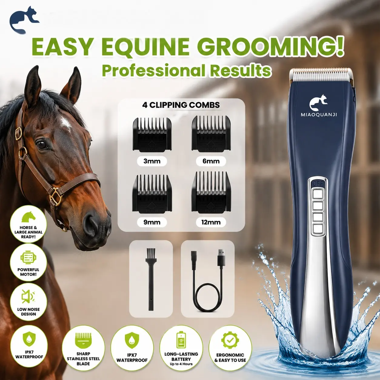Mkulng Cordless Horse Hair Clippers Kit, Rechargeable Low Noise Trimmer, Detachable Blade, 4 Guide Combs, 3 Speeds, Professional Grooming Tool