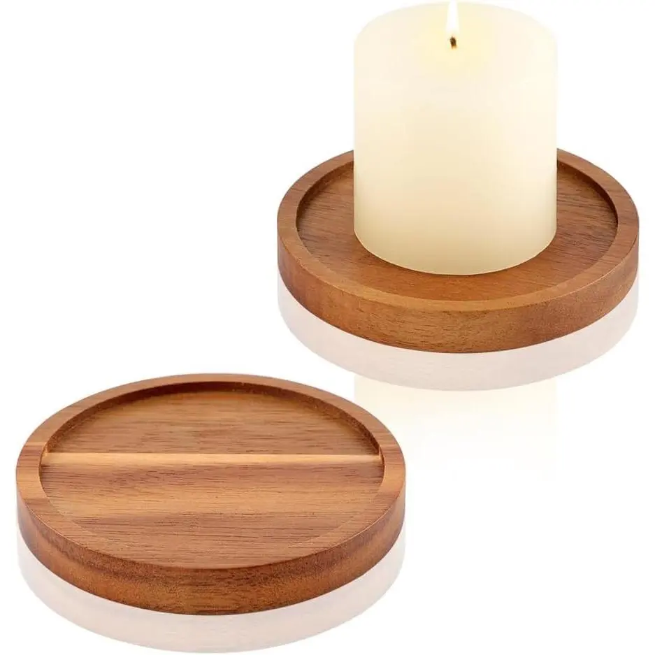 Farmhouse Wood Candle Holder Set of 2, Round Wooden Pillar Candle Plate Pedestal Stand for Floating Candles, Coffee Table & Christmas Decor