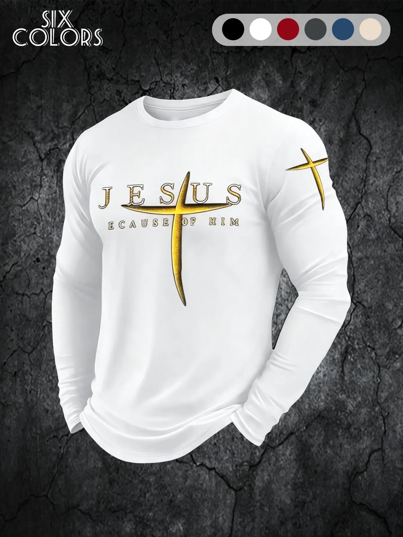 Men's Fitted Long Sleeve T-Shirt, Vintage Jesus Cross Print, Breathable Fabric, Muscle-Defining, Casual Workout Top, Spring & Fall, Fitness
