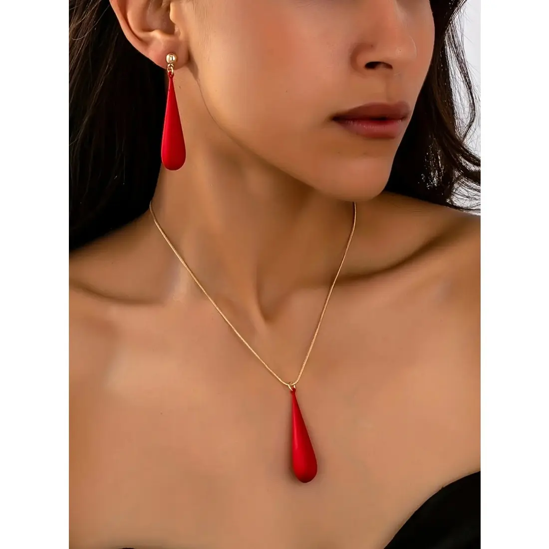 Women's Retro Minimalist Stainless Steel Metal Jewelry Gift Set - 2-Piece Teardrop Pendant Necklace & Drop Earrings, Classic Fashion Accessory Set for Female Daily Wear & Gifting