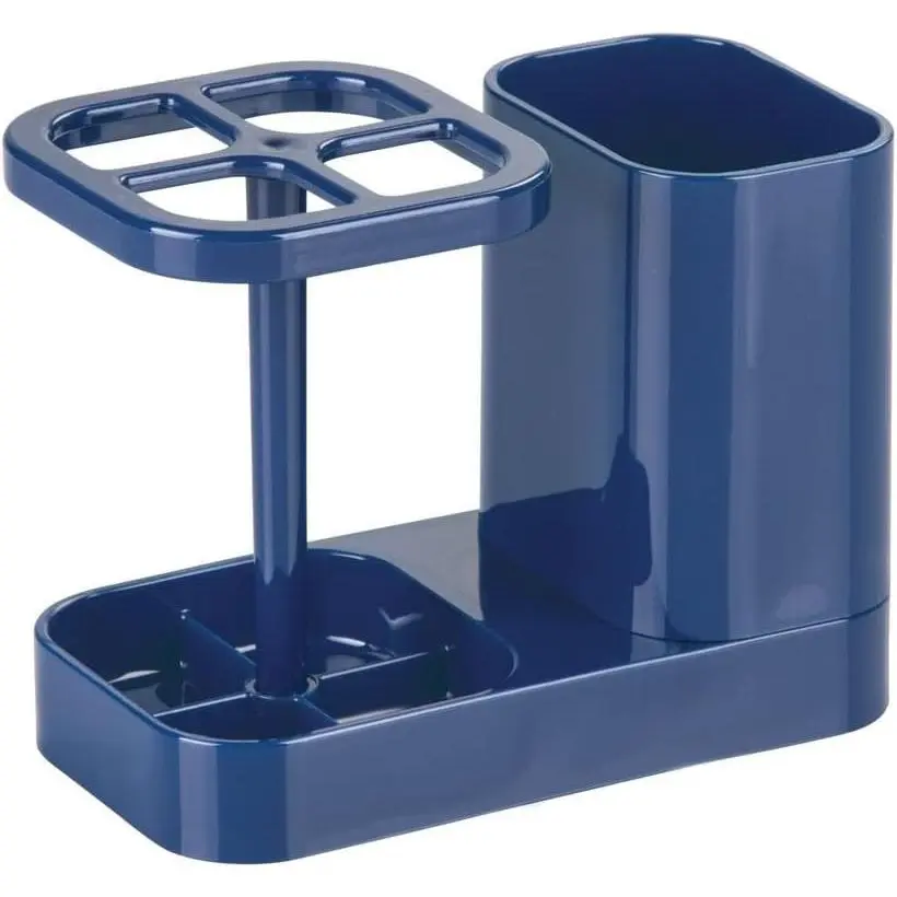 Blue Single Unit Toothbrush Holder with Storage Cup - Bathroom Sink Organizer for Toothpaste, Electric Toothbrushes