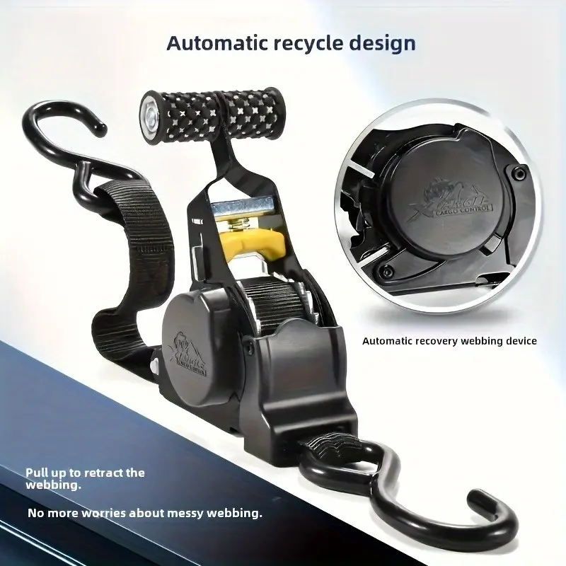 1 heavy-duty automatic retractable strap, retractable ratchet strap, Ratcheting straps, cargo securing strap 129.92 inches long. It can be used on trucks, freight trailers, motorcycles, moving items, household appliances. This retractable ratchet strap