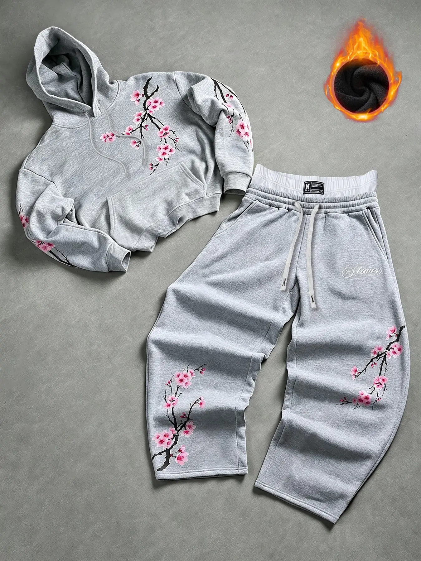 Men's Y2K Cherry Blossom Print Fleece Hoodie and Wide Leg Pants Set, Warm Drawstring Sportswear, Streetwear for Fall Winter