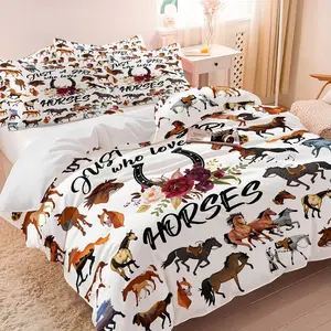 3 Pieces Equestrian Girl Loves Horses Bedding Set, HD All Season Printing, 1 Duvet Cover + 1/2 Pillowcases Without Filler, Full Print Variety Horse Floral Horseshoe Decor Bedding for Home Dorm