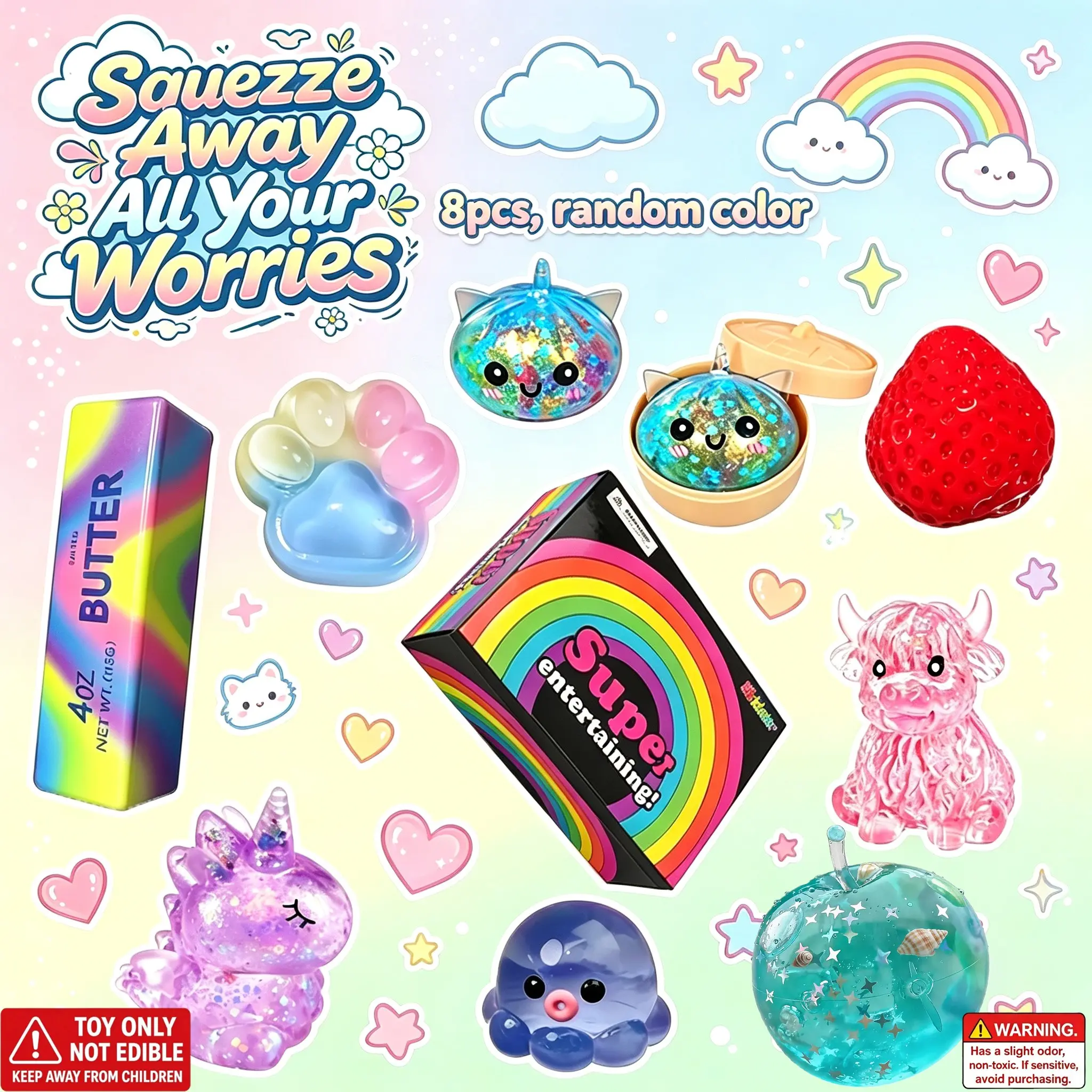8Pcs Mixed Cute Shapes Squishy Gift Box, PU Slow Rebound & Transparent TPR Glitter Jelly Fidget Toys, Assorted Animal Fruit Food Squeeze Toy Random Color, Portable Stress Relief Sensory Gift for Kids Birthday & Classroom Rewards
