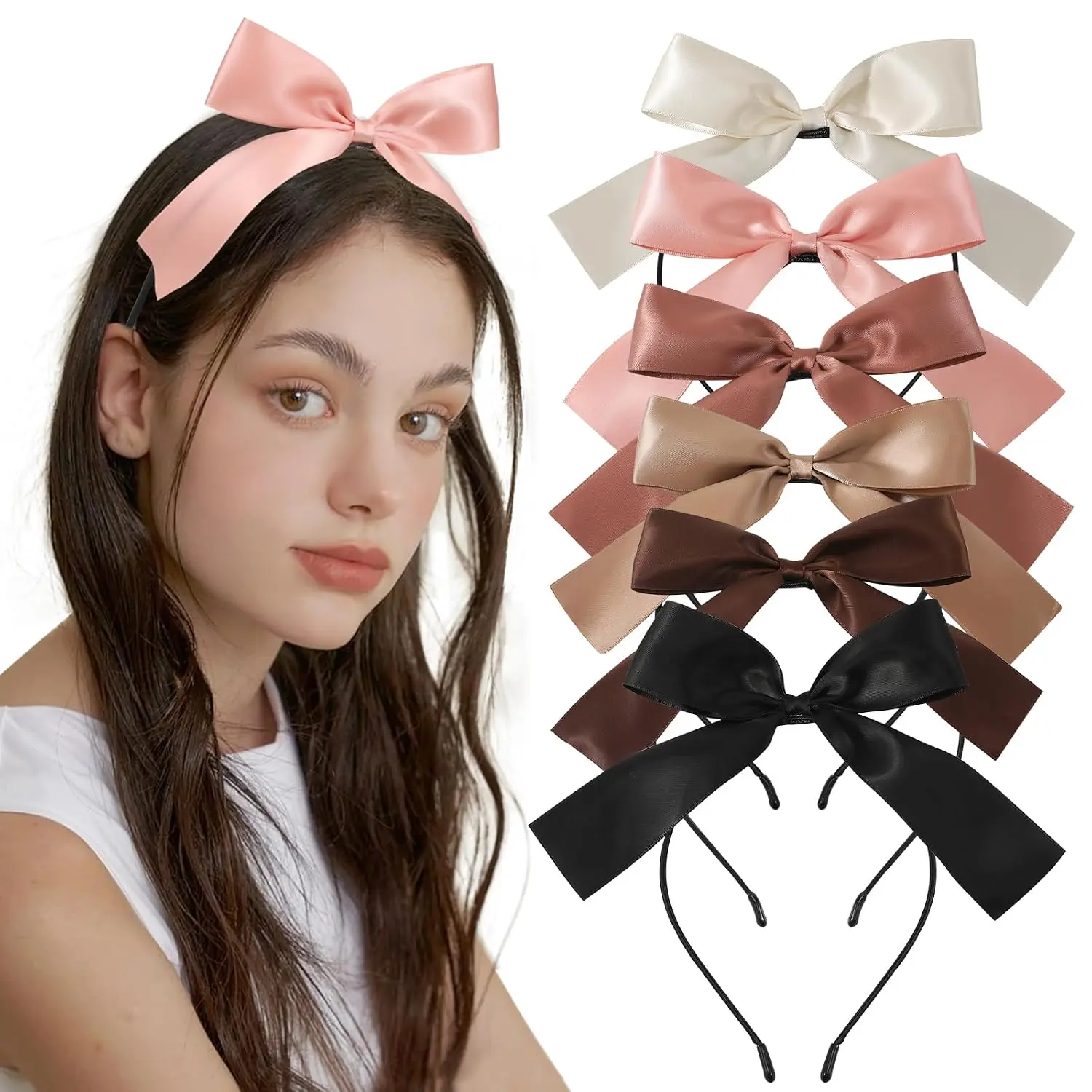 6 count Bow Headbands, Hair Bows for Women Girls, Silky Satin Ribbon Tails, Neutral Color Cute Bows Hair Bands, Cute Barrettes Aesthetic Hair Accessories Gifts