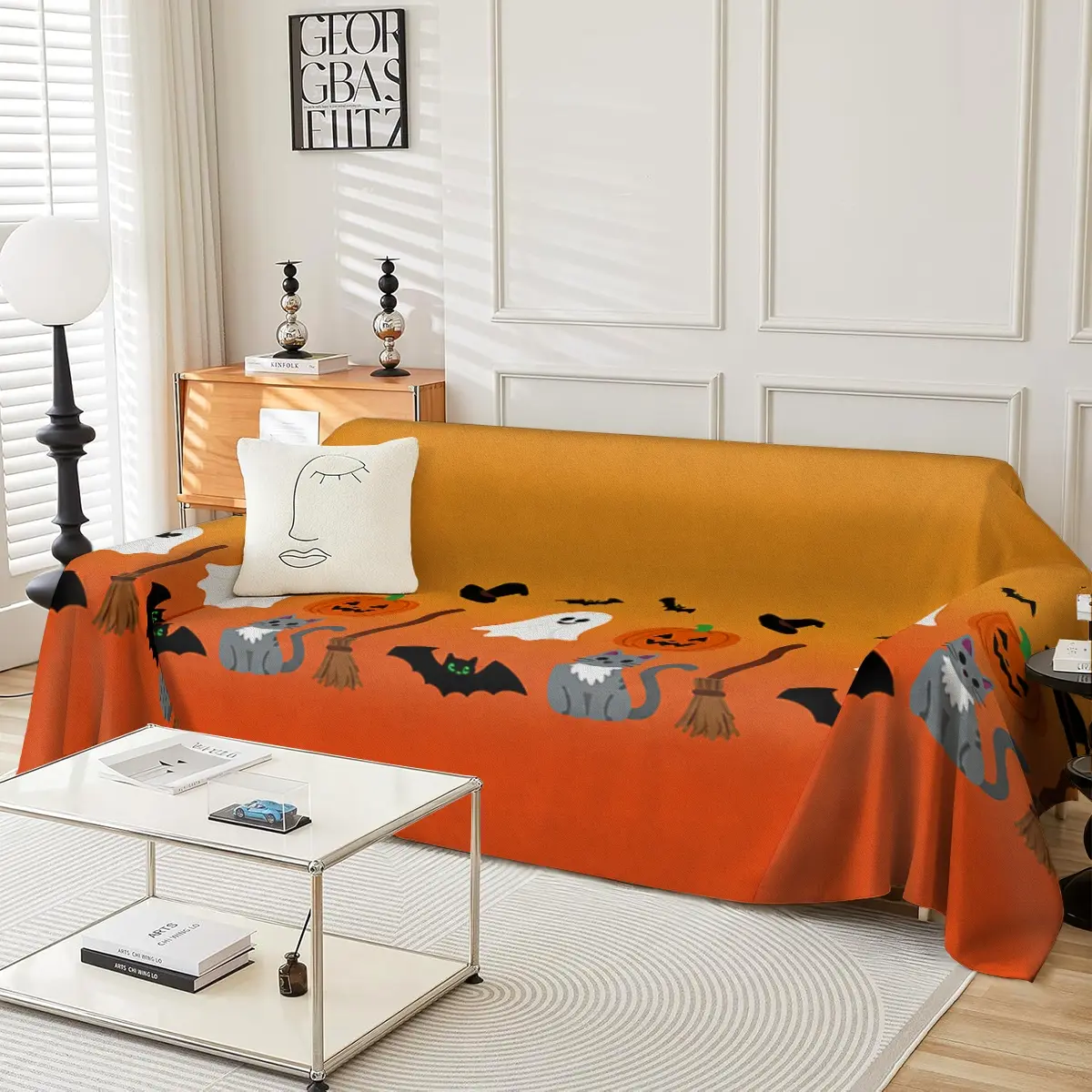 Orange Halloween Cartoon Sofa Cover Multi functional Sofa Cover suitable for all seasons, suitable for single to four seater, living room sofa decoration