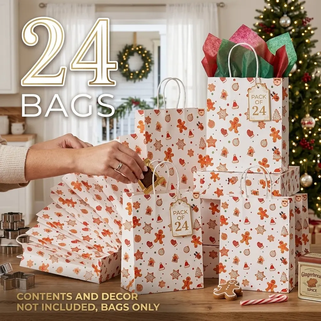 Set of 24 Christmas paper gift bags with gingerbread man designs, suitable for candy and cookie exchanges, ideal for party favors and office holiday gift wrapping.