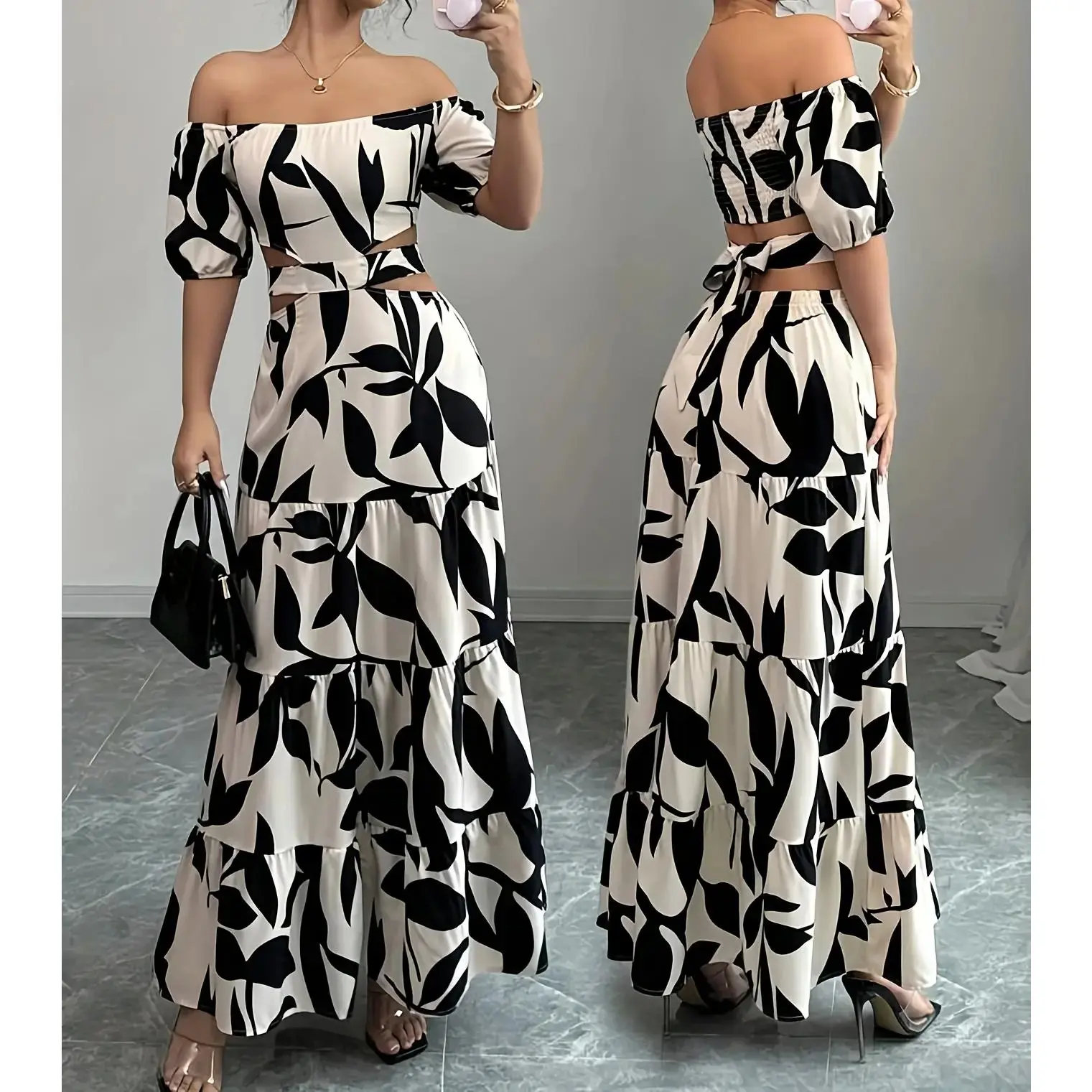Women's Off Shoulder Strap Hollow Out Vacation Casual Qipao Dress Summer Outfit Sundress Polyester Womenswear