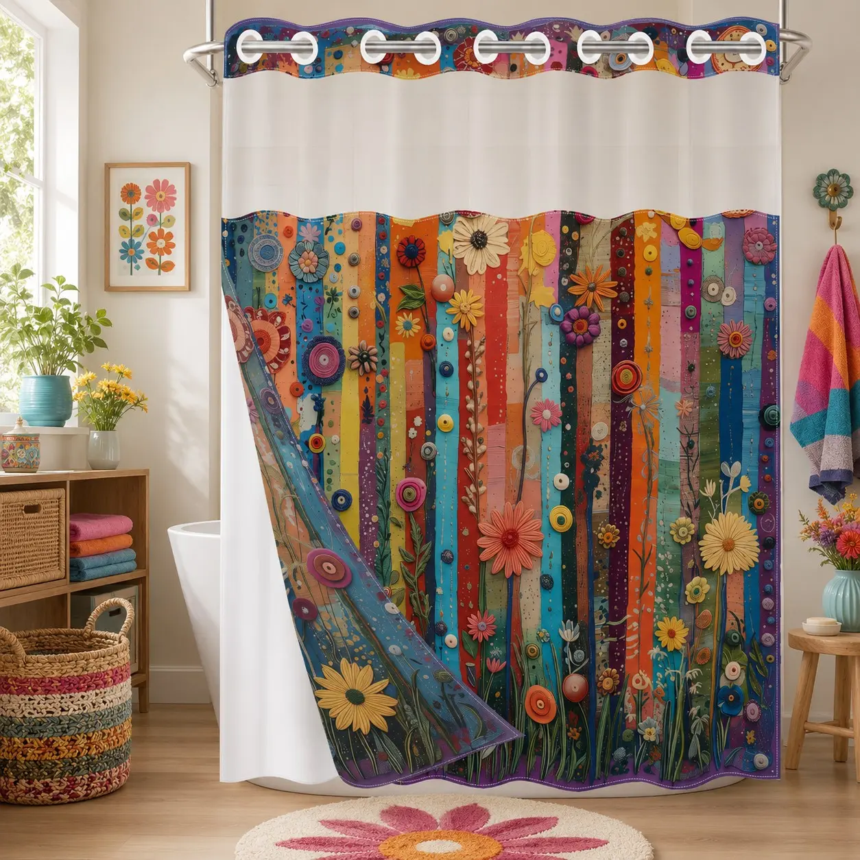 1PC/4PCS 2D Flat Printing Striped Floral Shower Curtain, Floral Shower Curtains For Bathroom, home bathroom decor accessories, shower curtain set with 12 hooks, non-slip bathroom rug, U-shaped toilet seat cover
