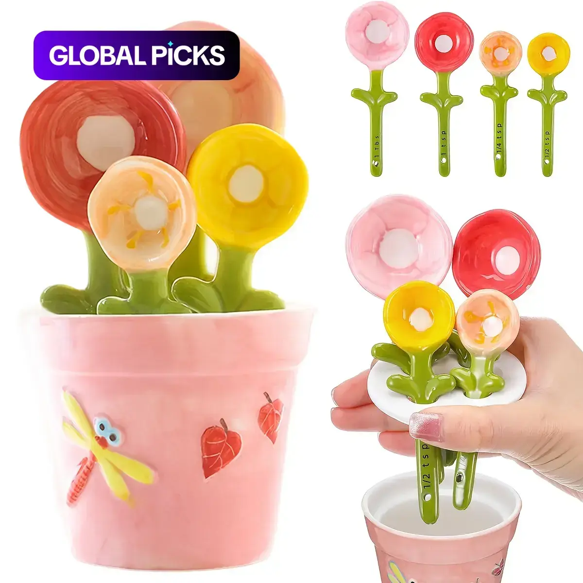 Cute Ceramic Flower Measuring Spoons Set with Stand, 4-Pack Decorative Baking Measuring Spoons with Capacity Marks, Kitchen Cooking Utensils for Sugar, Salt & Powder, Unique Birthday Gift, Back to School Gift for Girls, Moms & Baking Lovers