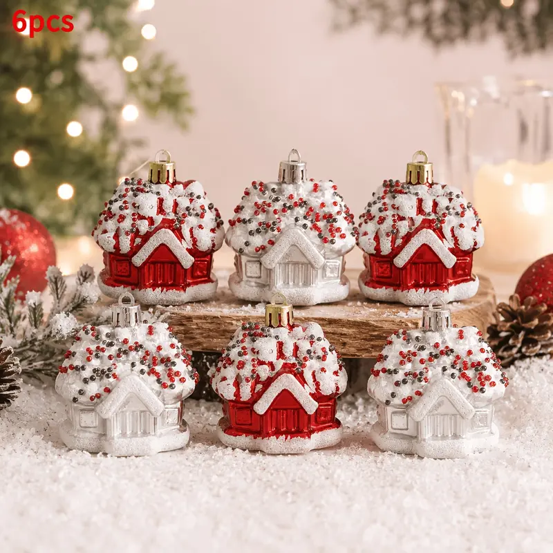 6pcs Christmas ornaments, small house ornaments, Christmas tree ornaments, home decorations, decorative ornaments.