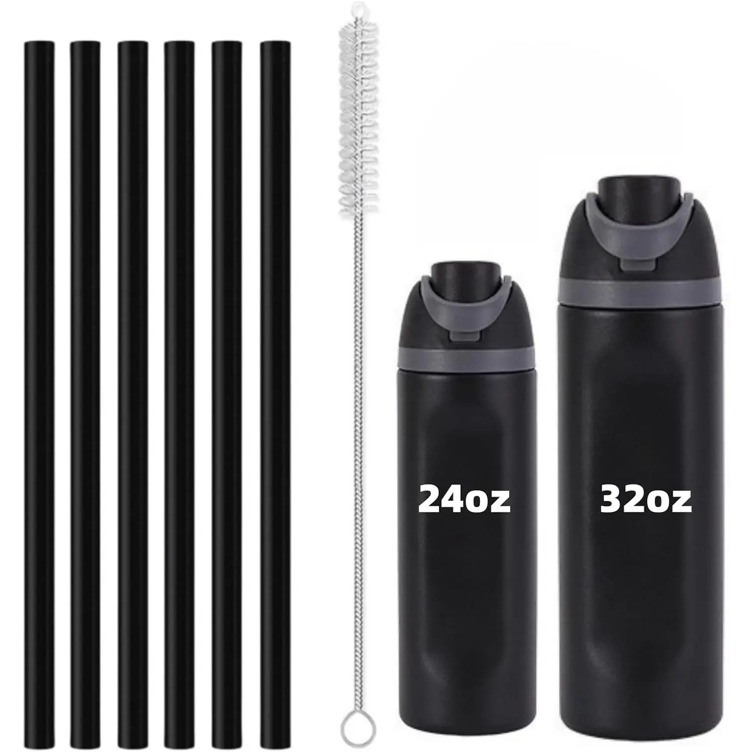 6 count  Straws for  Water Bottle 24 oz 32 oz,  Plastic  Grade Drinking Straws with Cleaning Brush Compatible for  Cup 24oz 32oz Tumbler Accessories (Black, 24oz/32oz)