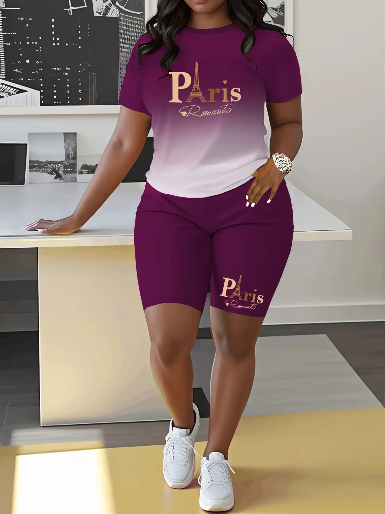 Women's Summer Casual Two-Piece Set, Letter Print Gradient Color Short Sleeve Top and Shorts, Slim-Fitting Regular Length Suit, Womenswear, Matching Set Outfit, Clothing Set