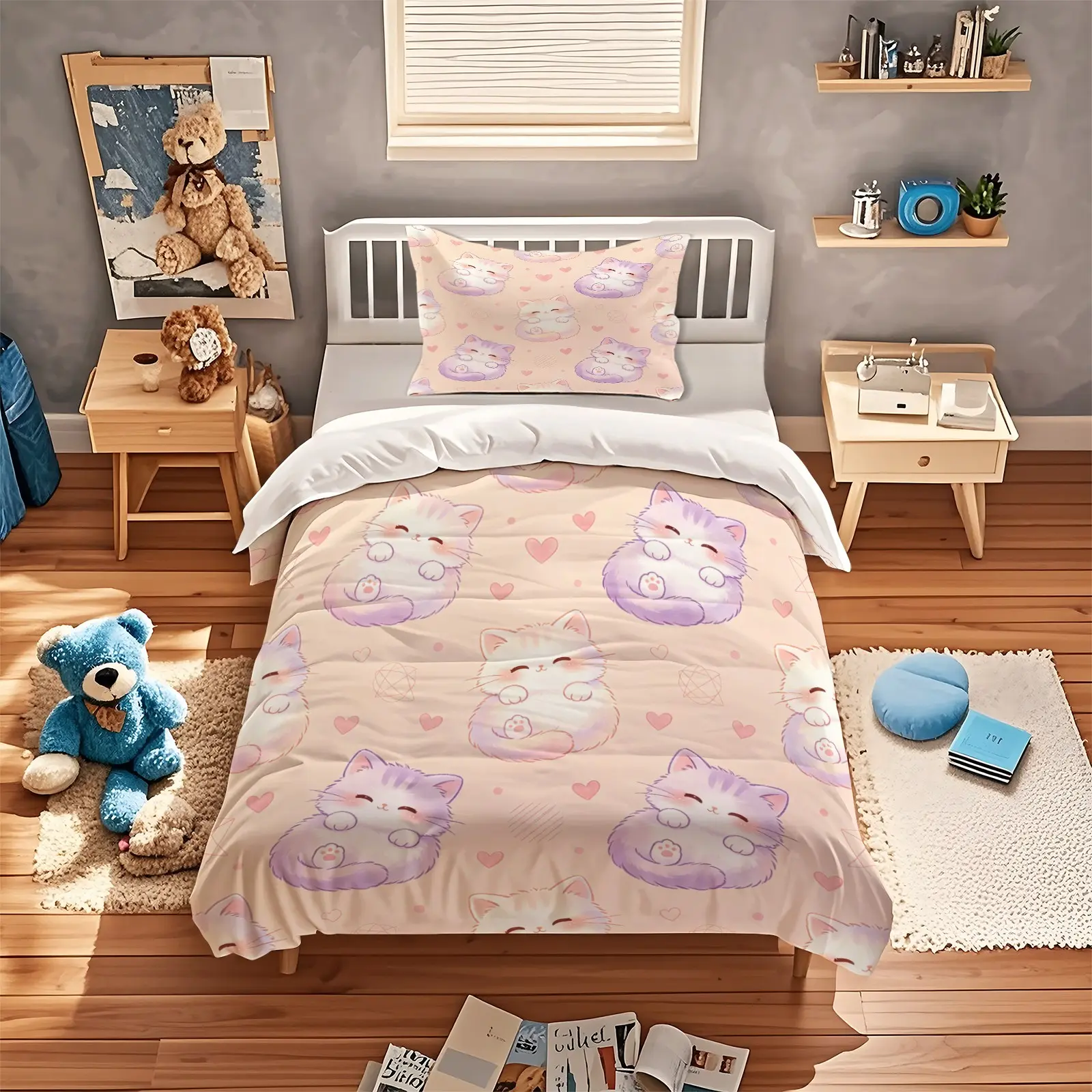 2/3Pcs Cute Healing Cat Digital Print Duvet Cover Set, No Filler No Pillow Inserts, Comforter Cover Bedding Set for Girls Kids Room, Dorm Cute Style