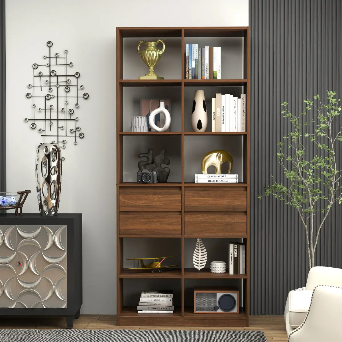 [Bellemave] Open Bookcase with 4 Storage Drawers, Tall Freestanding Display Shelving Unit, Modern Storage Cabinet for Living Room, Bedroom & Office