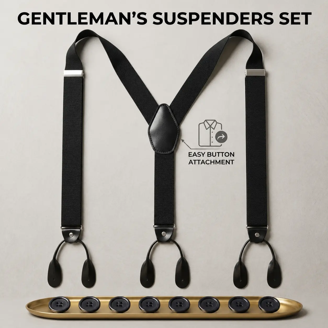 Premium Men's Elastic Suspenders with Real Leather Button Loops - 1.4" Wide Adjustable Y-Back Braces for Suits, Tuxedos & Vintage Outfits