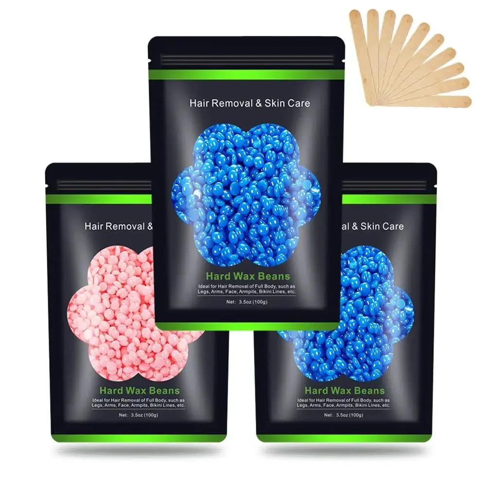 Hard Wax Beads for Hair Removal & Body Care - 10.5 oz (300 g) 3-Pack Kit, Sensitive Skin Formula, Includes 10 Wax Sticks, Ideal for Women (Brazilian, Bikini, Leg Use)