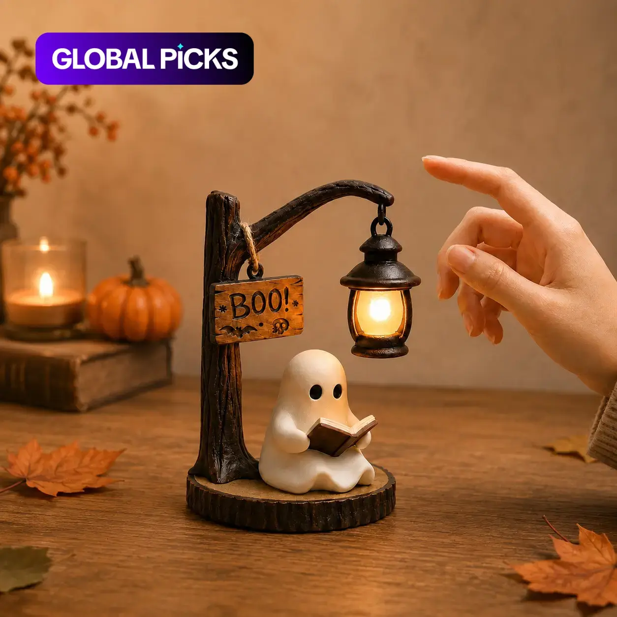Cute Ghost Reading Figurine with Hanging Lantern, 6.3-Inch Mini Warm Glow Boo Sign LED Lamp, Festive Home Decor and Party Gift #GLOBAL PICKS
