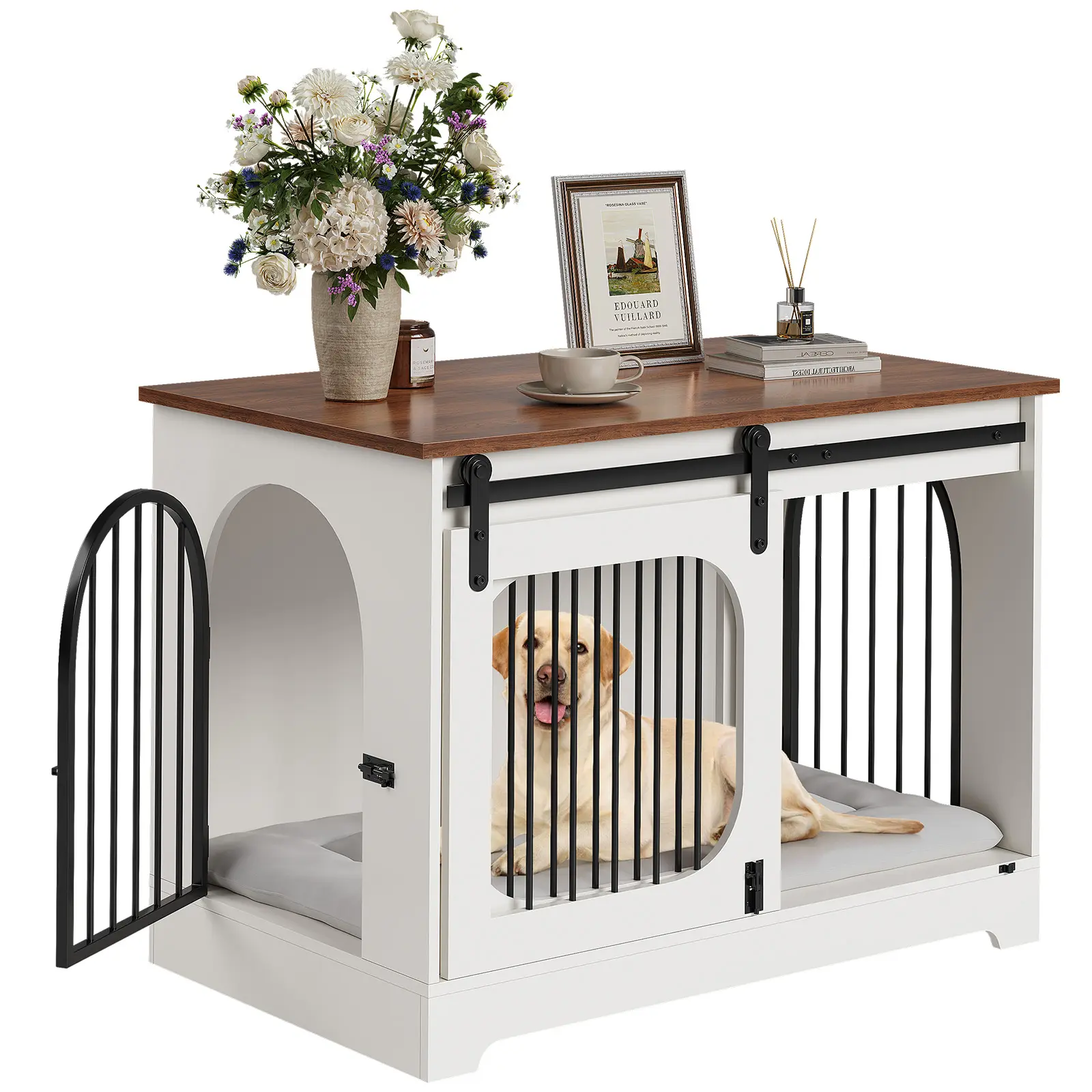 Heavy-Duty Wooden Dog Crate Furniture – Indoor Kennel End Table with Cushion – Decorative, Three-Door Dog Cage for Small, Medium, Large Dogs up to 70 lbs – Bed Mat Included