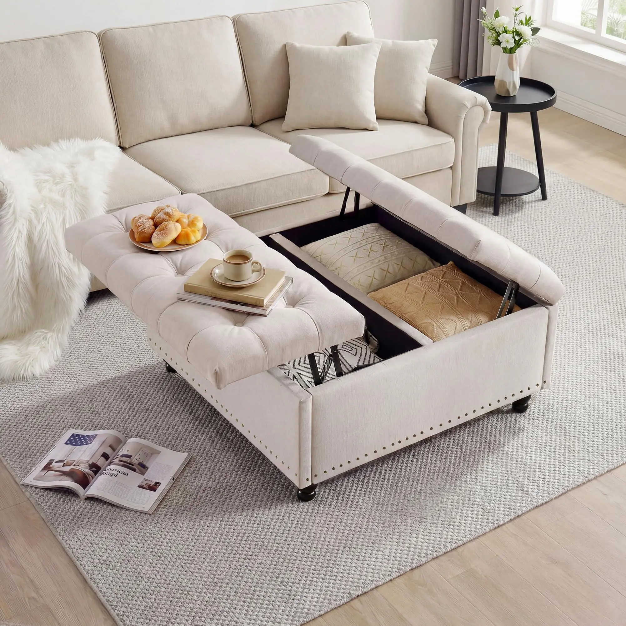 170L Square Multifunctional Storage Ottoman Bench with Lift-Up Lid and Solid Wooden Legs, Weight Capacity 136KG for Entryway, Living Room and Bedroom