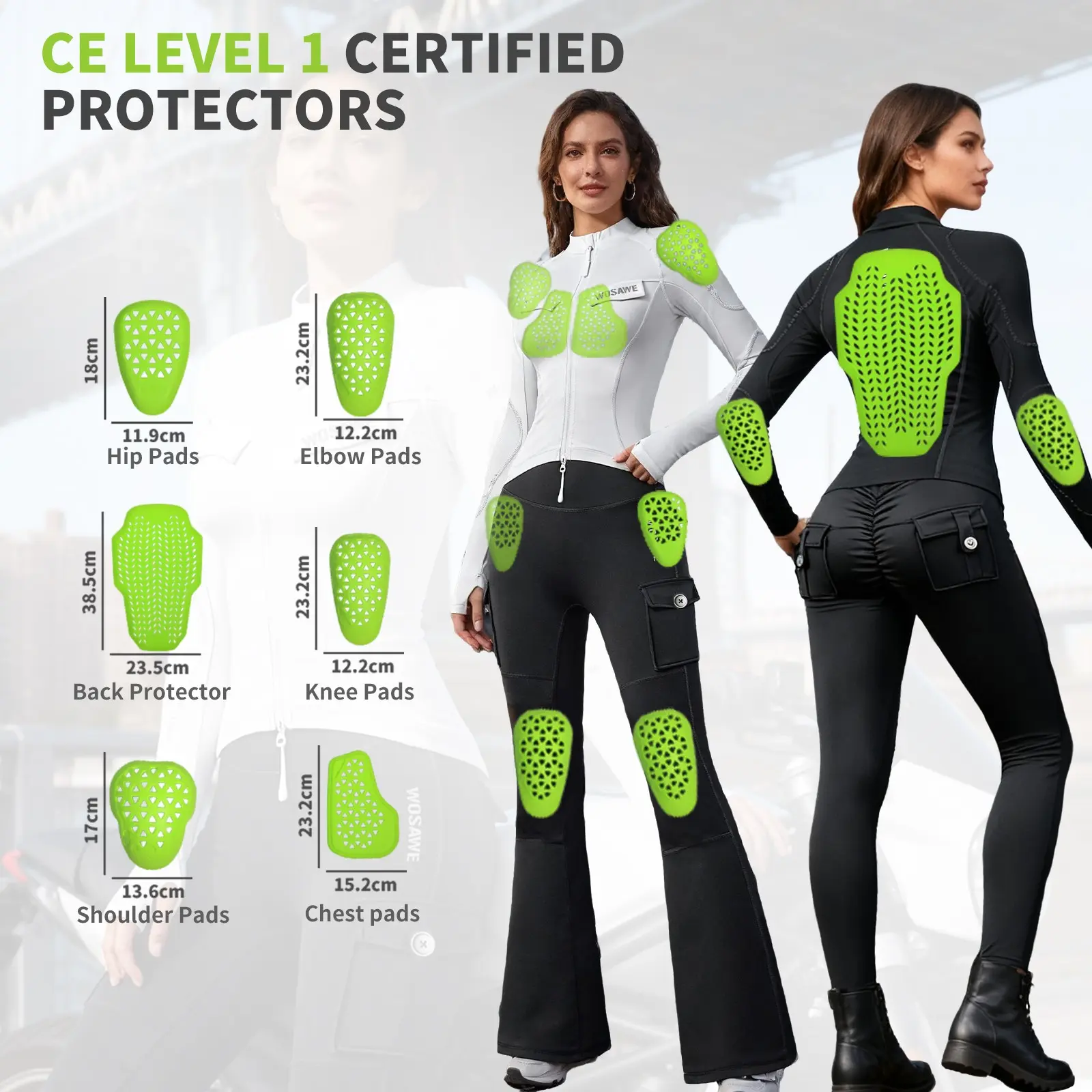 WOSAWE Motorcycle Soft Armor Set - CE Level 1 Certified PU Shock-Absorbing Body Armor with Shoulder, Back & Elbow Pads, Motorcycle Protective Gear