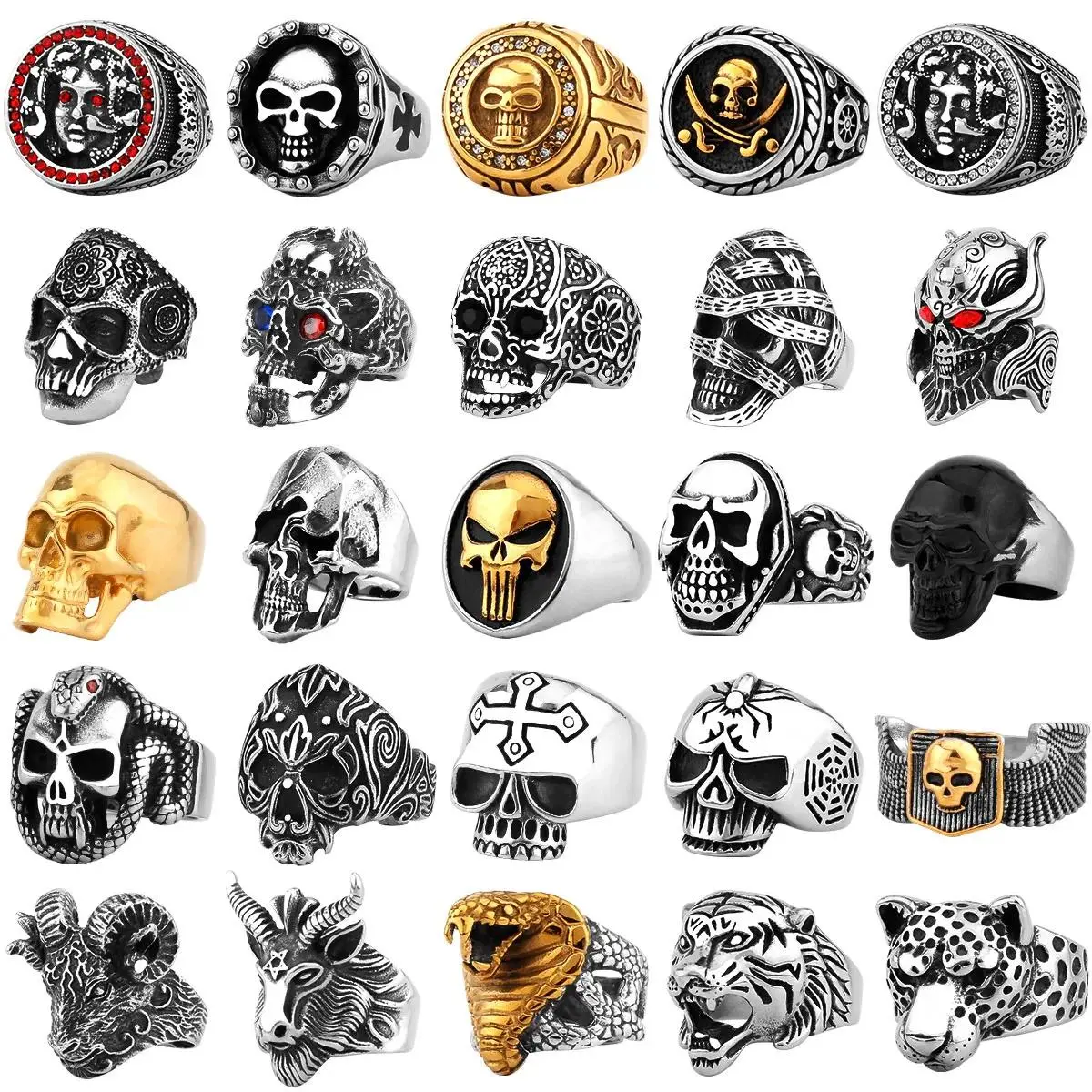 Skull/Animals Gothic Punk Satanic Devil Ring Vintage Steampunk Men's Stainless Steel Viking Ring Hiphop Motorcycle Biker Jewelry