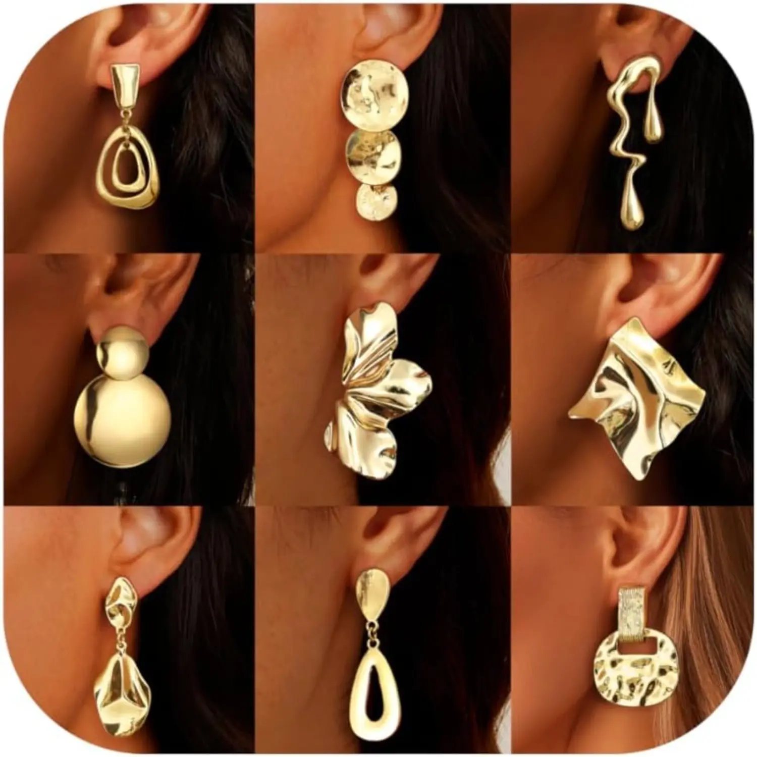 BESTEEL 9-Pair Gold-Plated Clip-On Earrings for Women, No Piercing Required, Dangle Style, Large Leaf-Shaped Geometric Pattern Earring Set