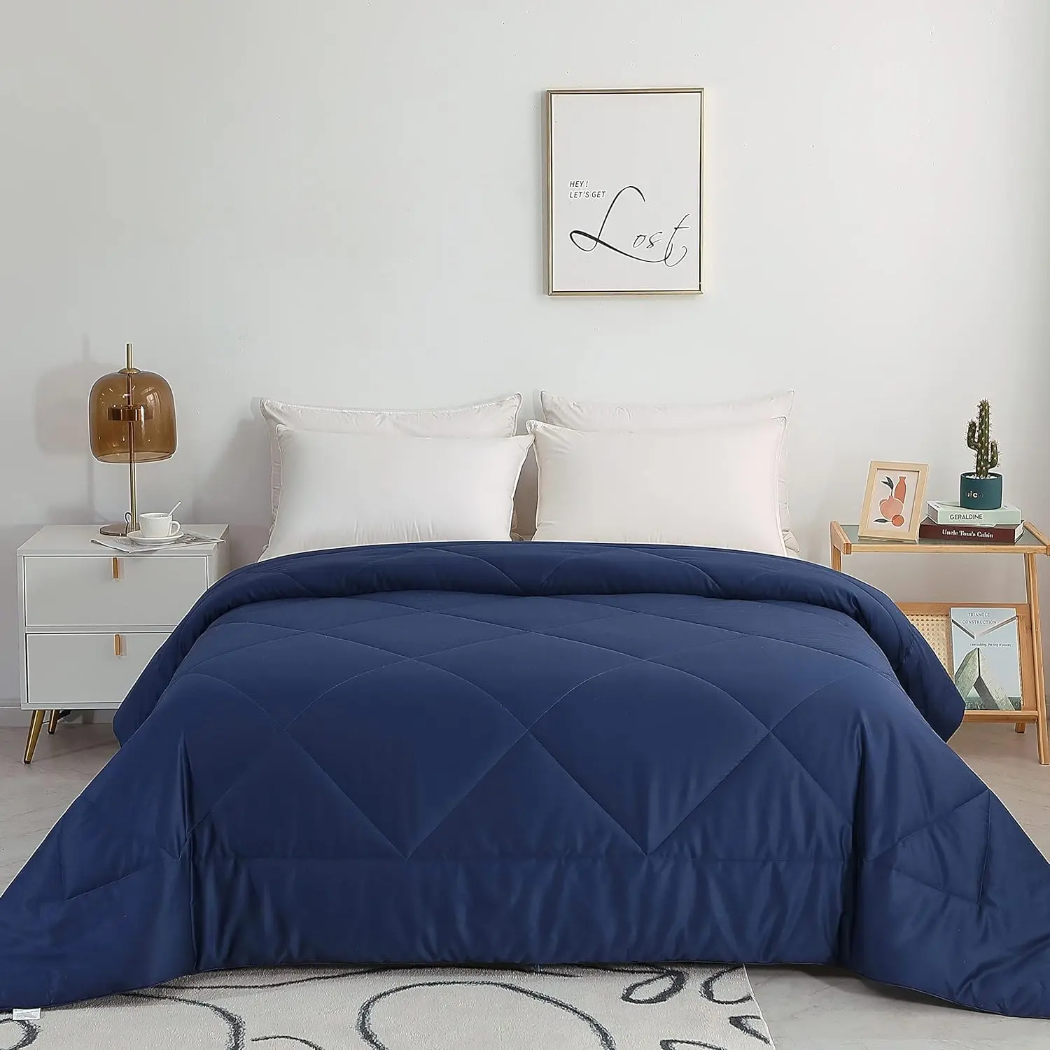 2026 Premium Upgraded Non-Vacuum All Seasons 100% Cotton Filled Comforter Reversible Lightweight Soft Breathable Fluffy (Navy Blue Twin)